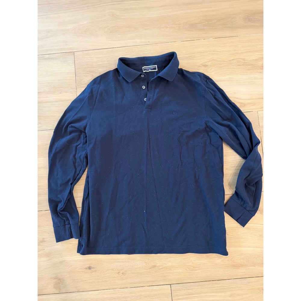 Charles Tyrwhitt Mens Navy Blue Long Sleeve Pique Polo Shirt Large Cotton Blend